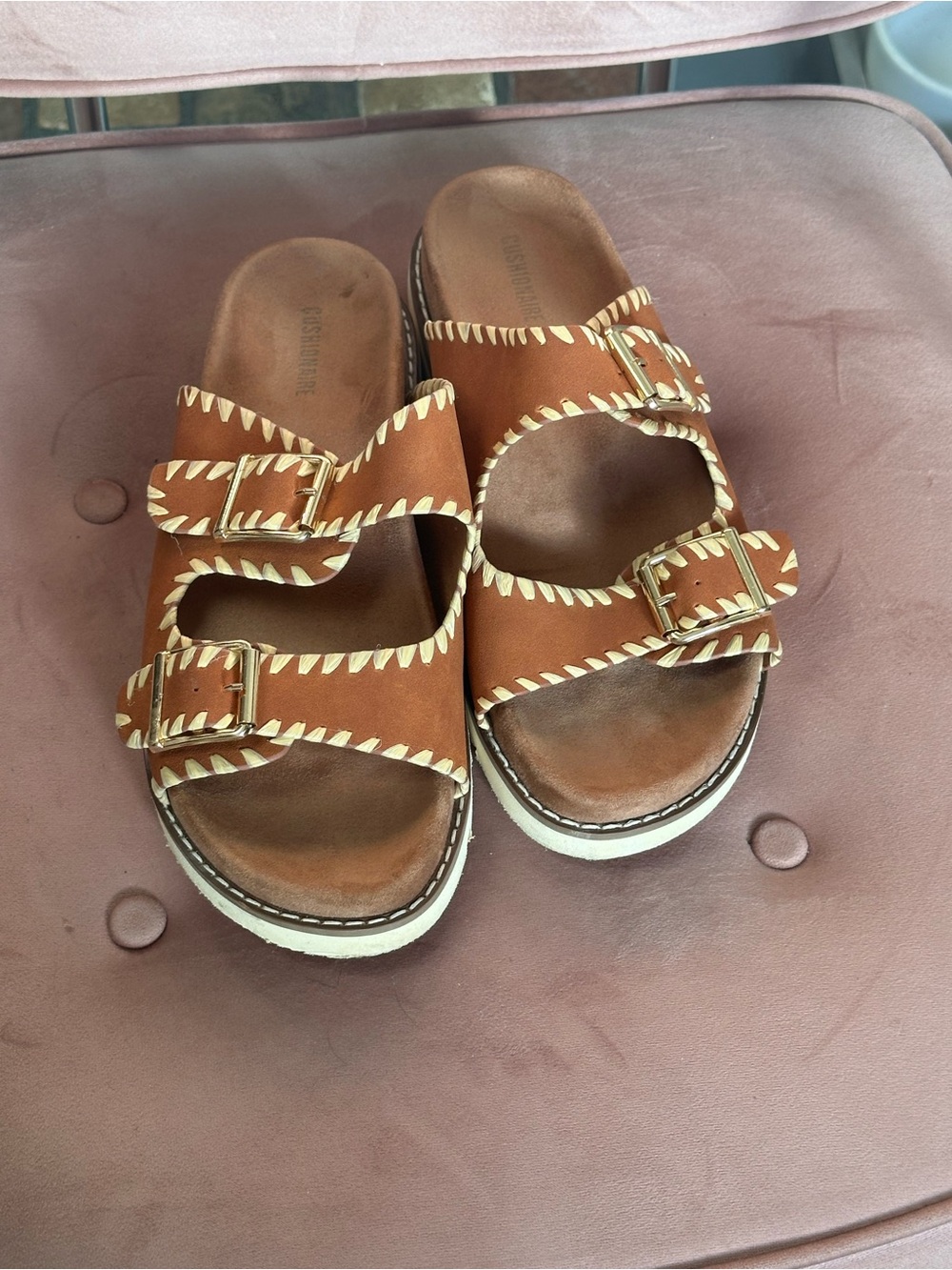 Cushionaire Brown Double-Buckle Women's Slide Sandals